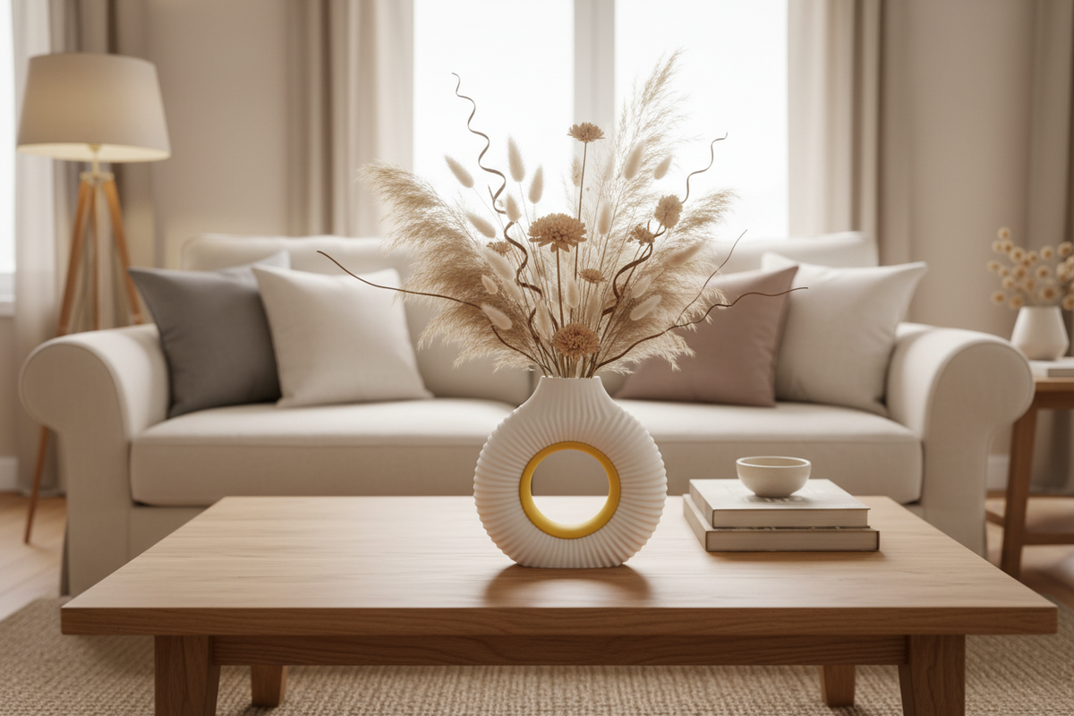 A white ribbed ceramic vase with a circular cutout and a yellow accent ring, filled with dried pampas grass and decorative stems, sits on a wooden coffee table in a bright, modern living room.