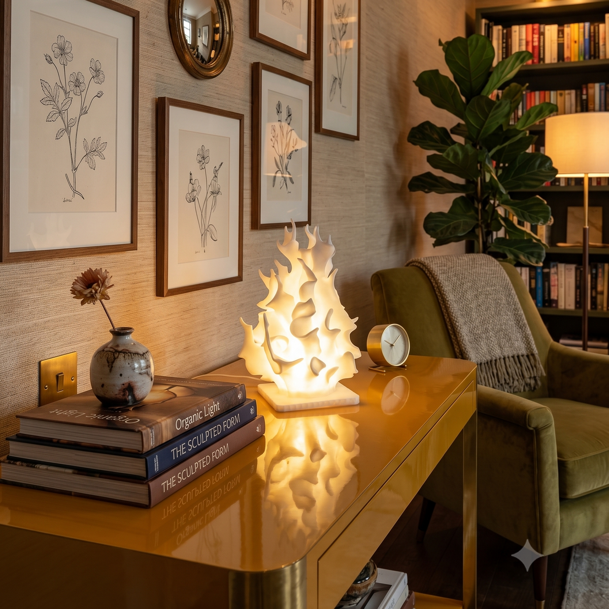 A warm, cozy interior scene featuring a glowing coral-shaped table lamp on a polished gold console table. The background shows a beige textured wall decorated with framed botanical prints, a green armchair with a throw blanket, a bookshelf, and a potted fiddle-leaf fig plant.