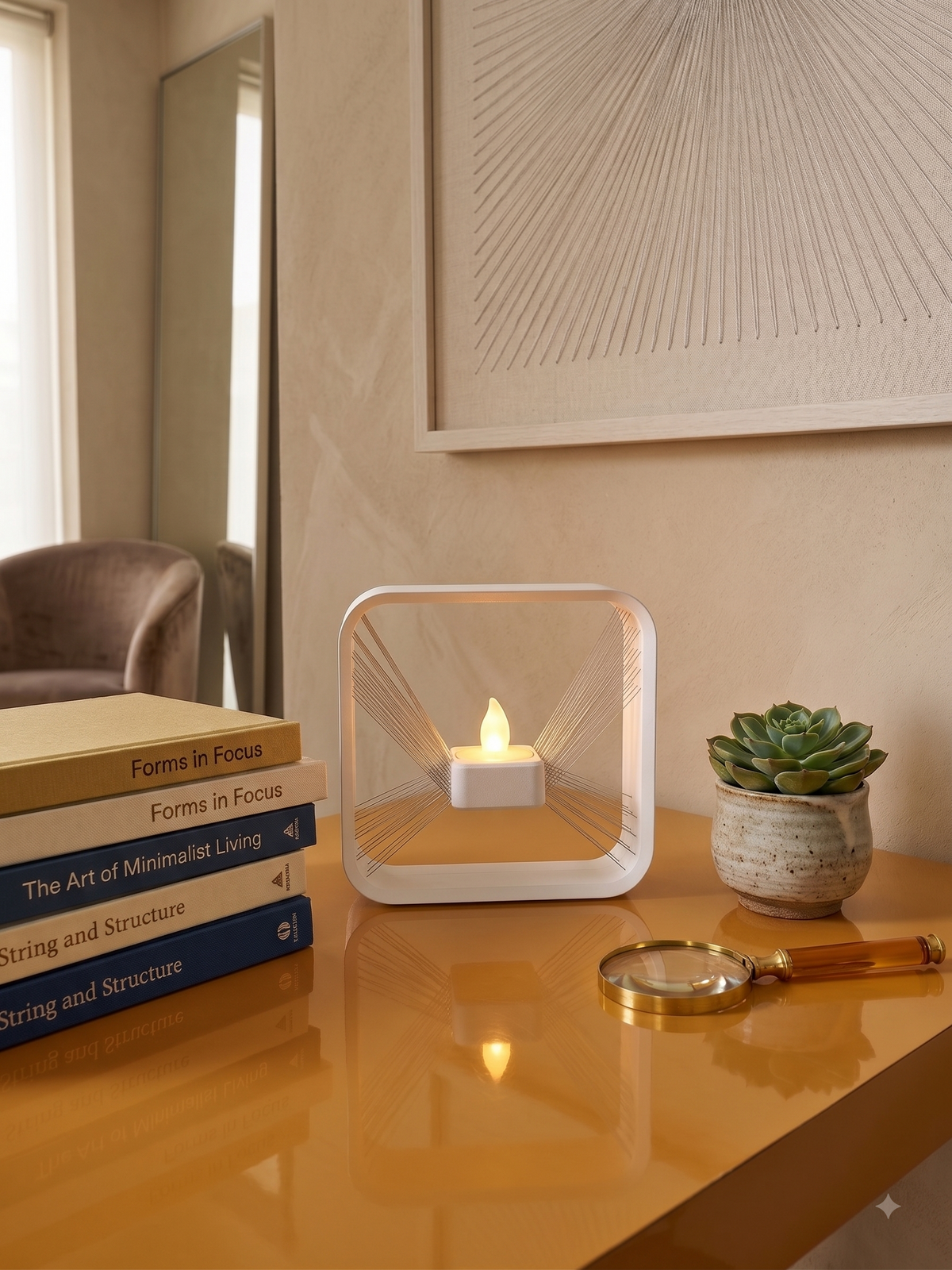 A modern square LED night light with a white frame and a small glowing candle inside, styled on a glossy amber tabletop next to books, a small succulent, and a magnifying glass in a warm, minimalist room.