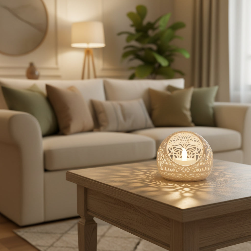 A white spherical decorative candle holder with intricate openwork cutout patterns, containing a small white tea light candle, set on a warm orange surface against a beige background.