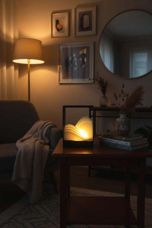 A modern square table lamp with a black frame and a glowing white paper-leaf design inside, casting a warm yellow light on a wooden table in a dimly lit room.