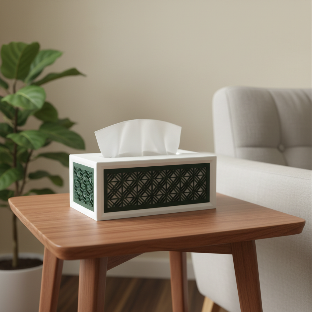 A white tissue box cover with a dark green geometric patterned front panel sits on a wooden side table in a living room setting next to a sofa and a potted plant.