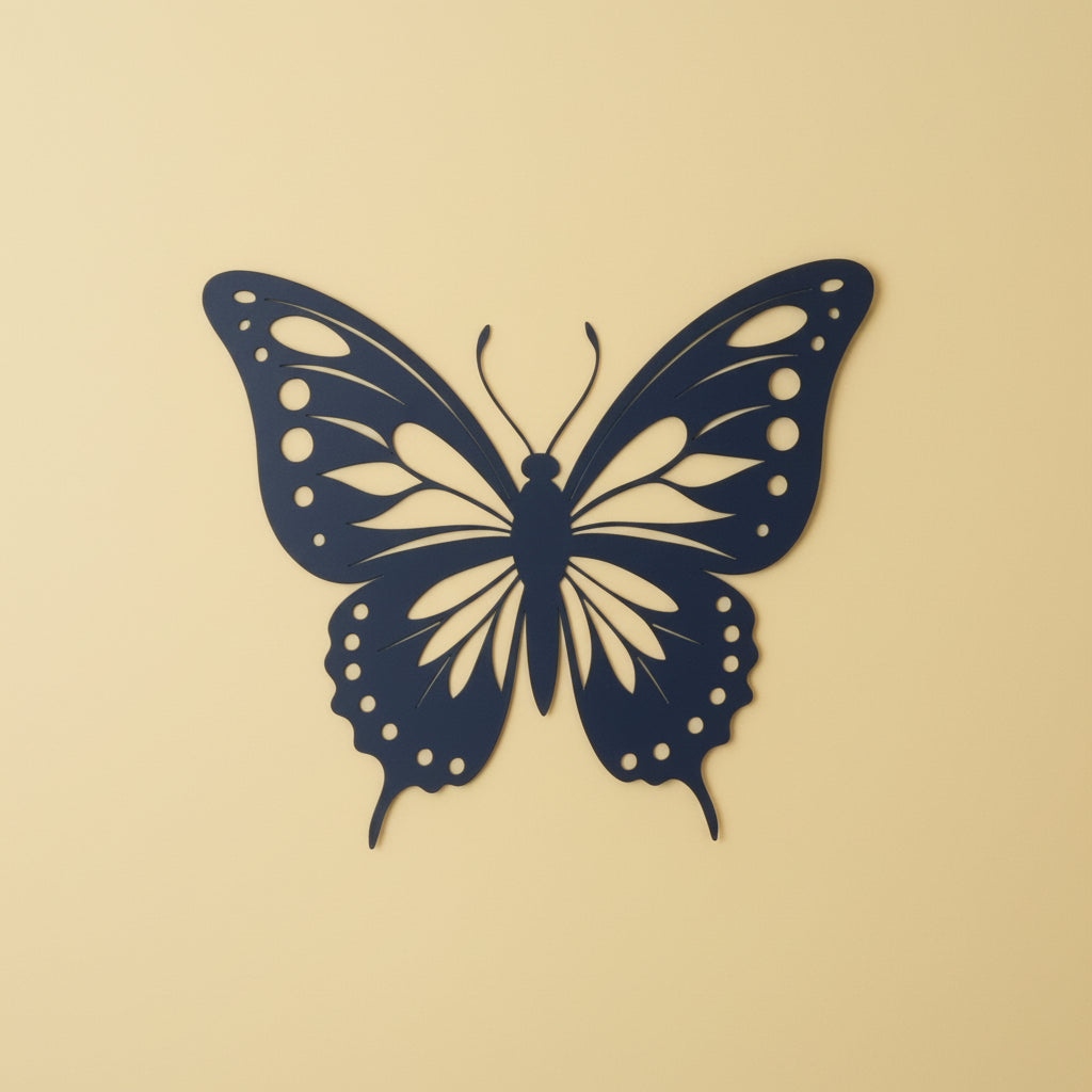 A black butterfly silhouette decal or sticker applied to a bright yellow surface.
