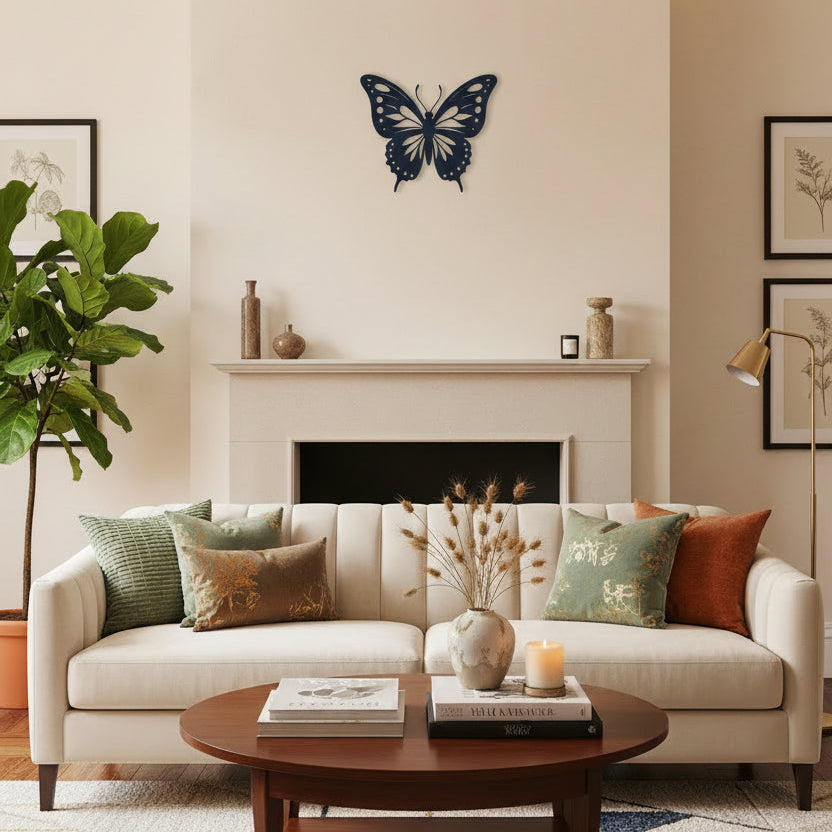 A black butterfly silhouette decal or sticker with detailed wing patterns, centered on a solid yellow background.