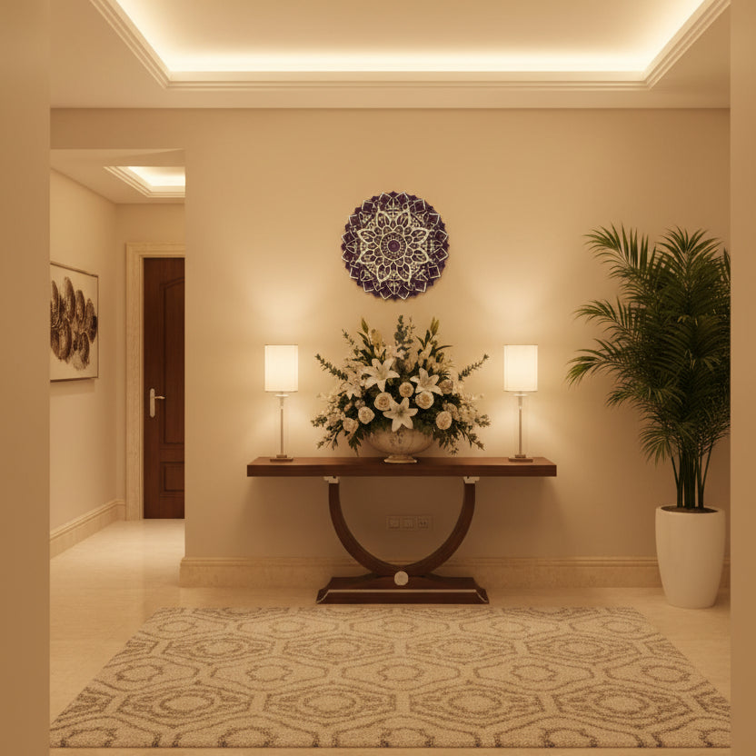 A circular mandala sticker or decal in navy blue and white, applied to a yellow surface.