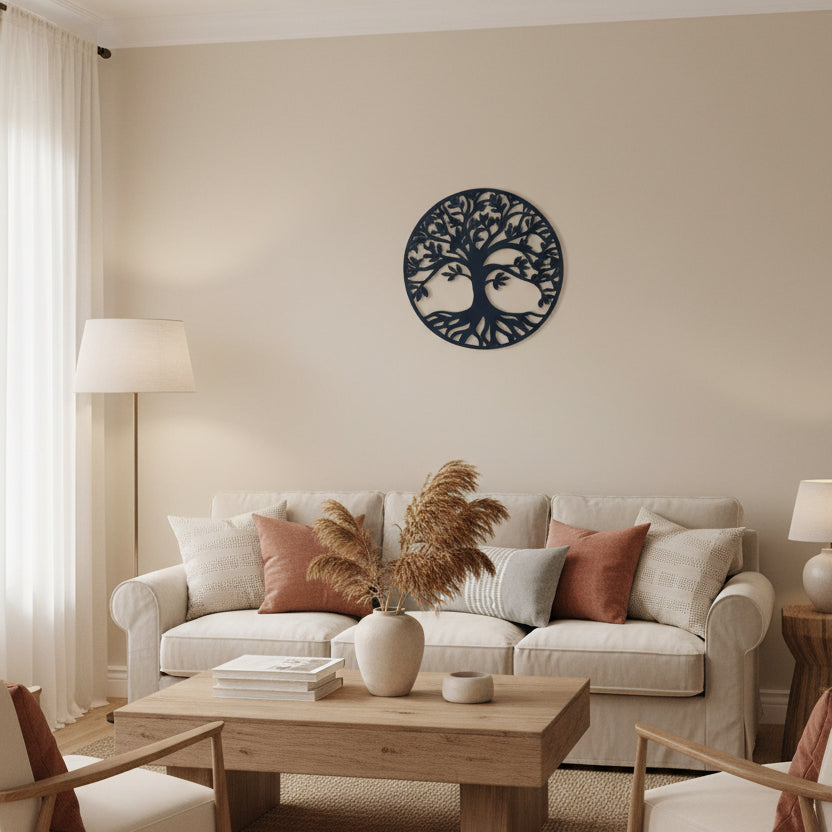 A circular black PLA 3d printeda rt piece featuring a tree of life design with cutout branches and roots, displayed against a solid yellow background.
