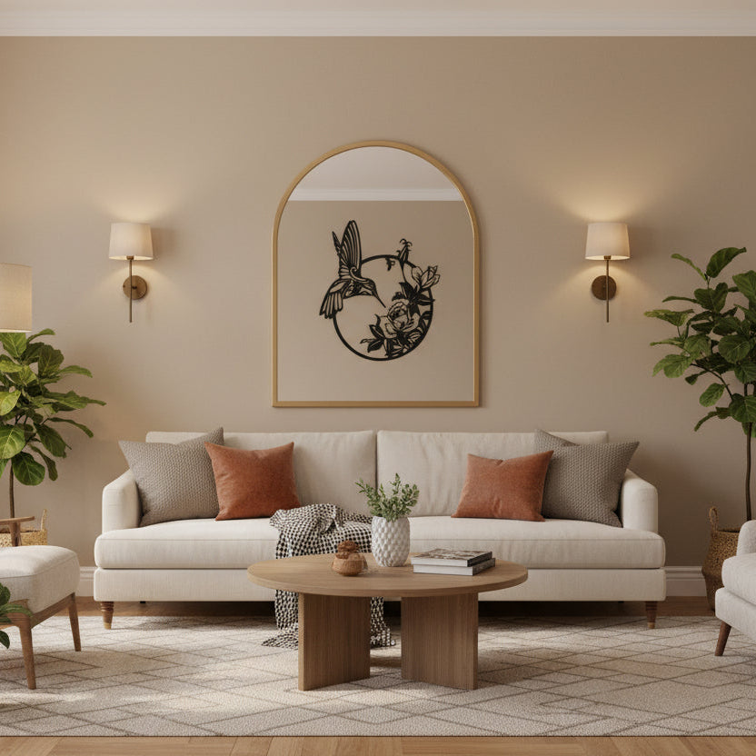 A black metal wall art piece featuring a hummingbird in flight, flowers, and leaves arranged around a circular frame, shown against a solid yellow background.
