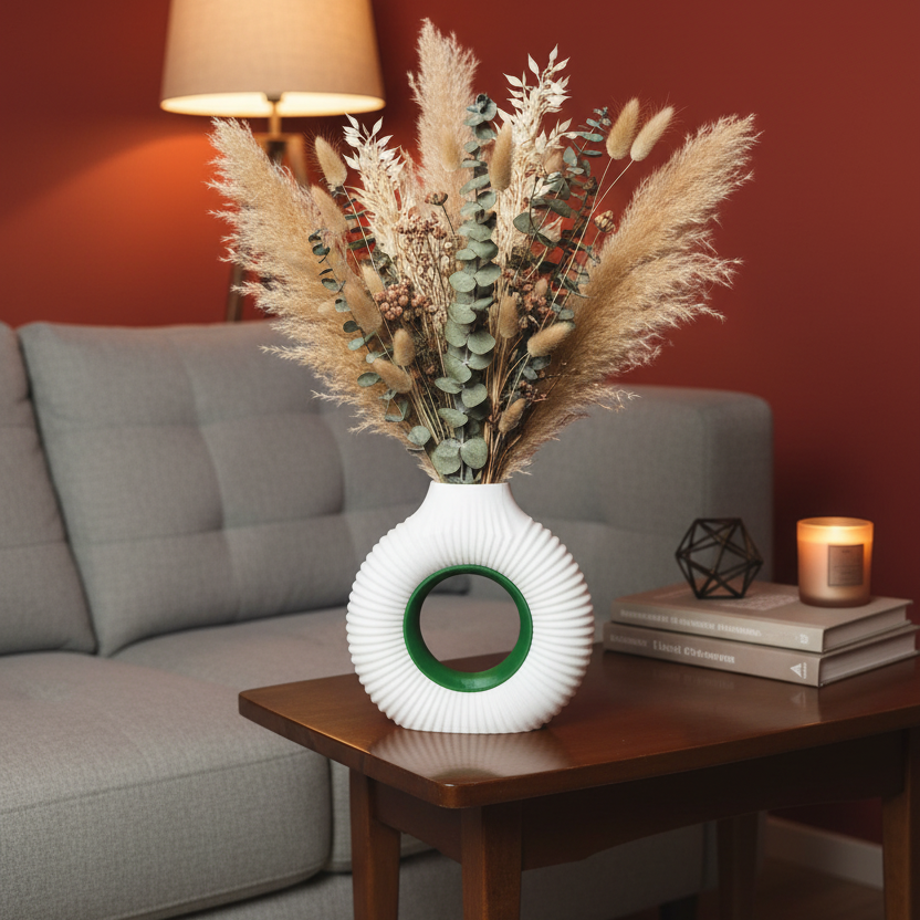 A white ribbed ceramic vase with a green ring cutout sits on a wooden side table in a living room, filled with dried pampas grass and eucalyptus stems. A gray sofa, a lit floor lamp, and a warm orange wall are visible in the background.