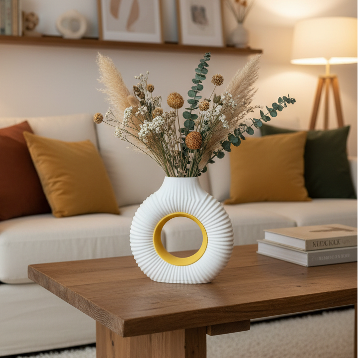 A white ribbed ceramic vase with a yellow interior ring, filled with dried grasses and small flowers, placed on a wooden coffee table in a styled living room with a sofa and warm lighting.