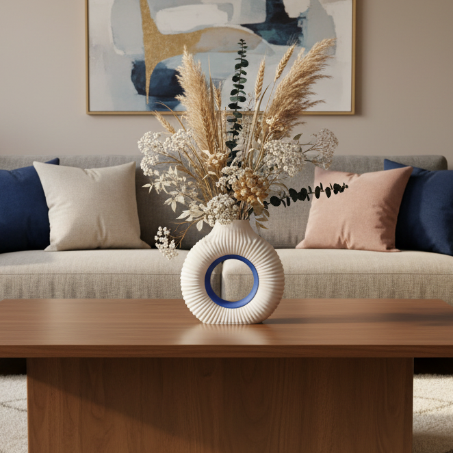 A modern living room scene featuring a light beige sofa with navy and blush blue pillows, a wooden coffee table in the foreground, and a white textured vase with dried grass stems in the center. The room is styled with a neutral beige wall, abstract wall art, a side table with a lamp, and a potted plant.