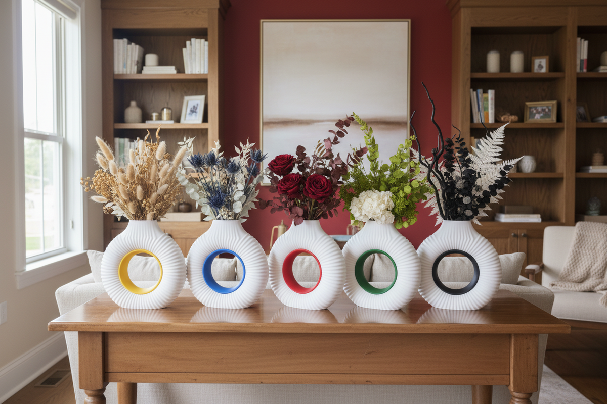 Four white ribbed ceramic vases with circular cutouts in yellow, blue, red, and green, filled with dried and fresh flowers, arranged on a wooden table in a living room.