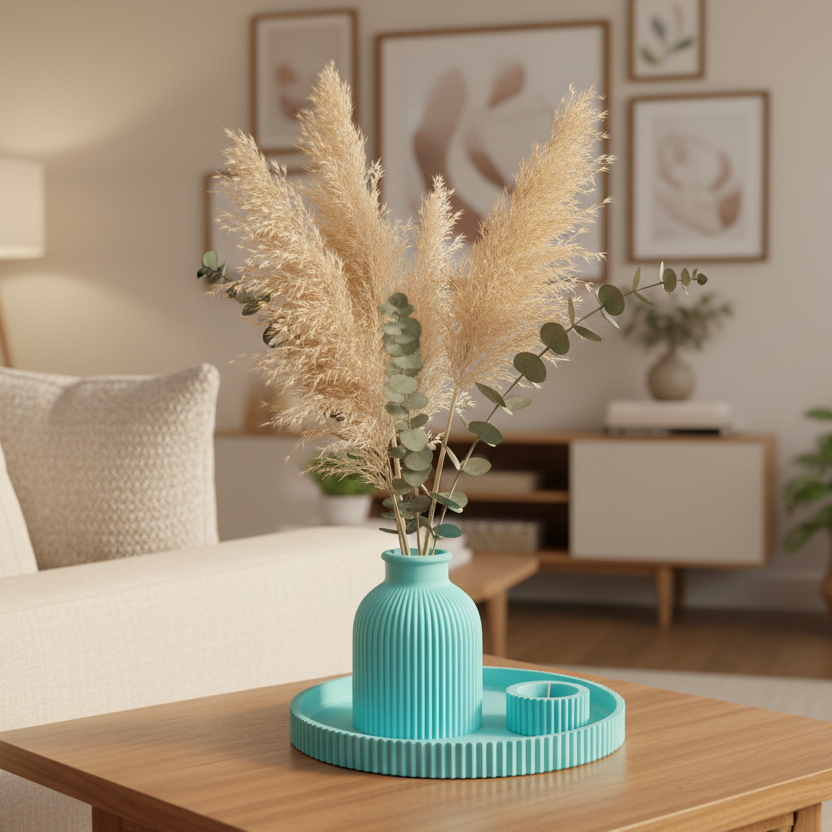 Ribbed Vase & Diya Set with 22 Cms Tray