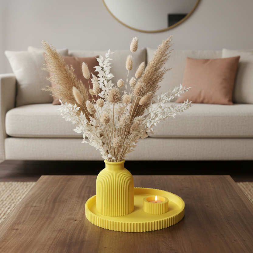 Ribbed Vase & Diya Set with 22 Cms Tray