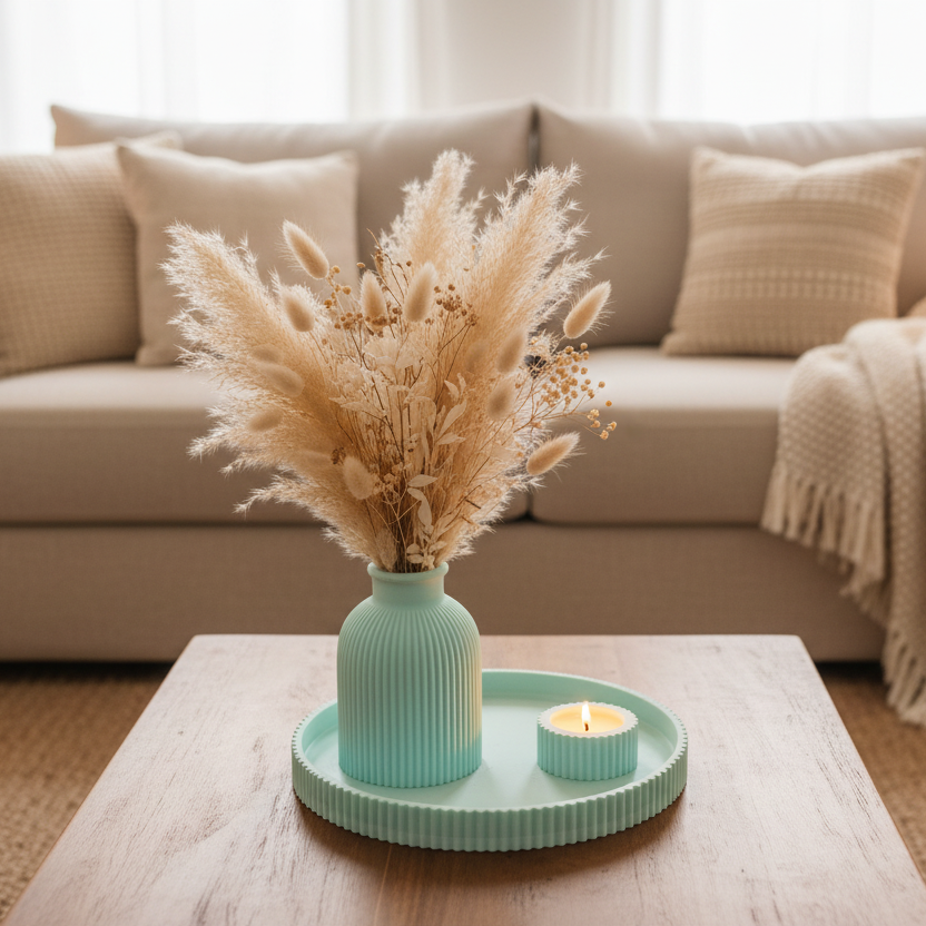 Ribbed Vase & Diya Set with 22 Cms Tray