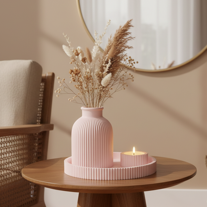 Ribbed Vase & Diya Set with 18 Cms Tray